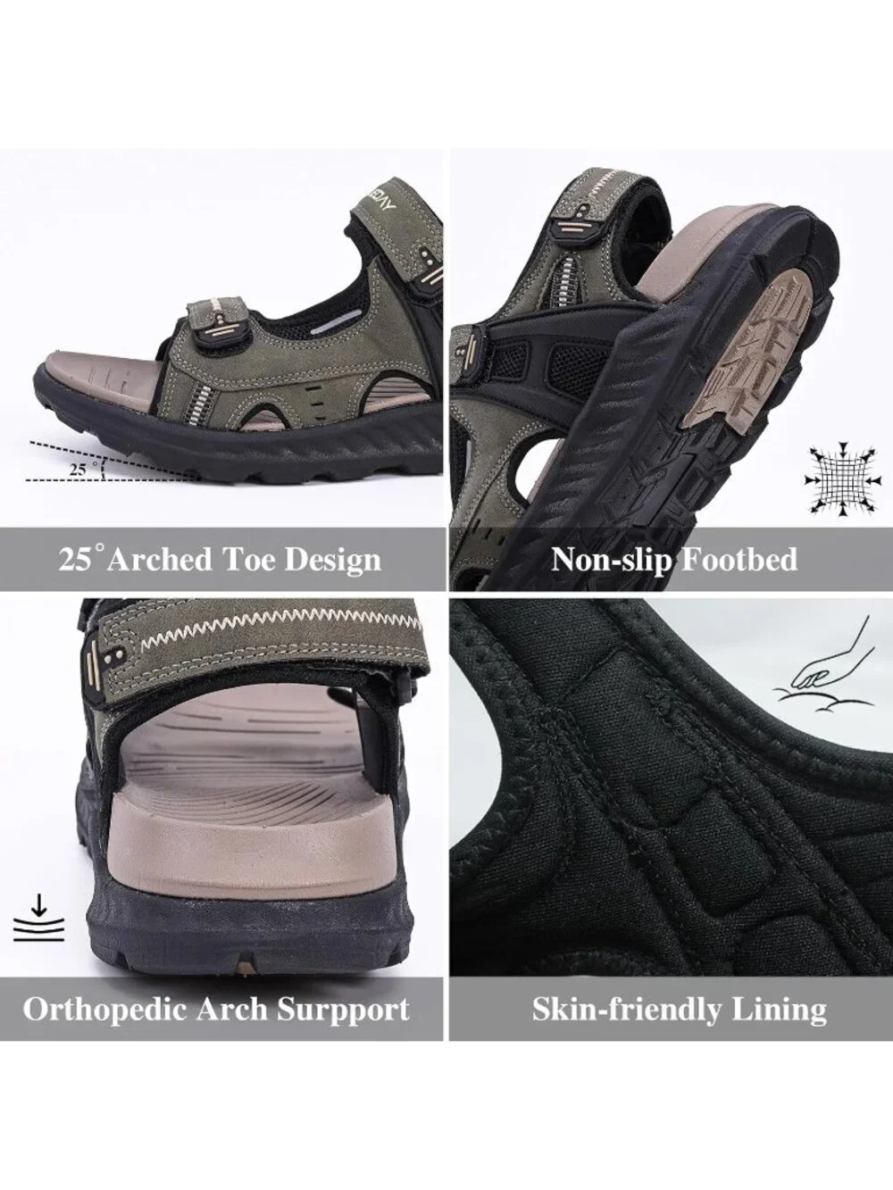 Men's Green Hiking Sandals With Arch Support Casual Rubber Athletic Shoes